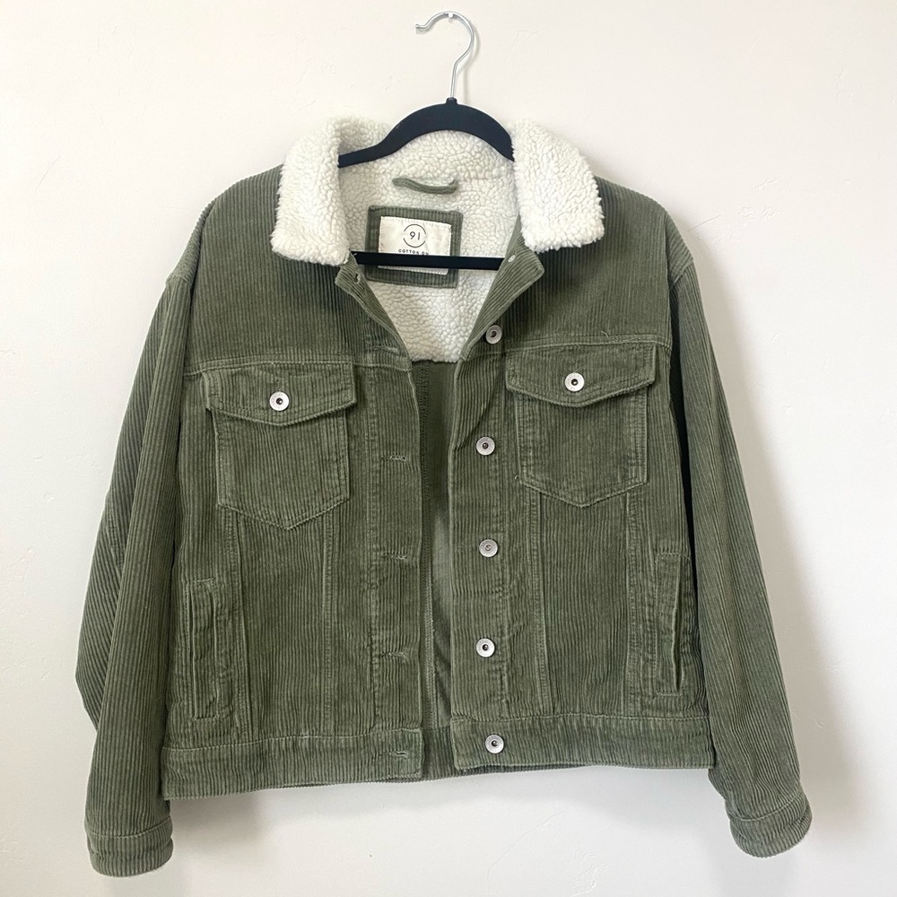 Cotton On Corduroy Jacket, Sherpa Lined, Size 6, Olive Green